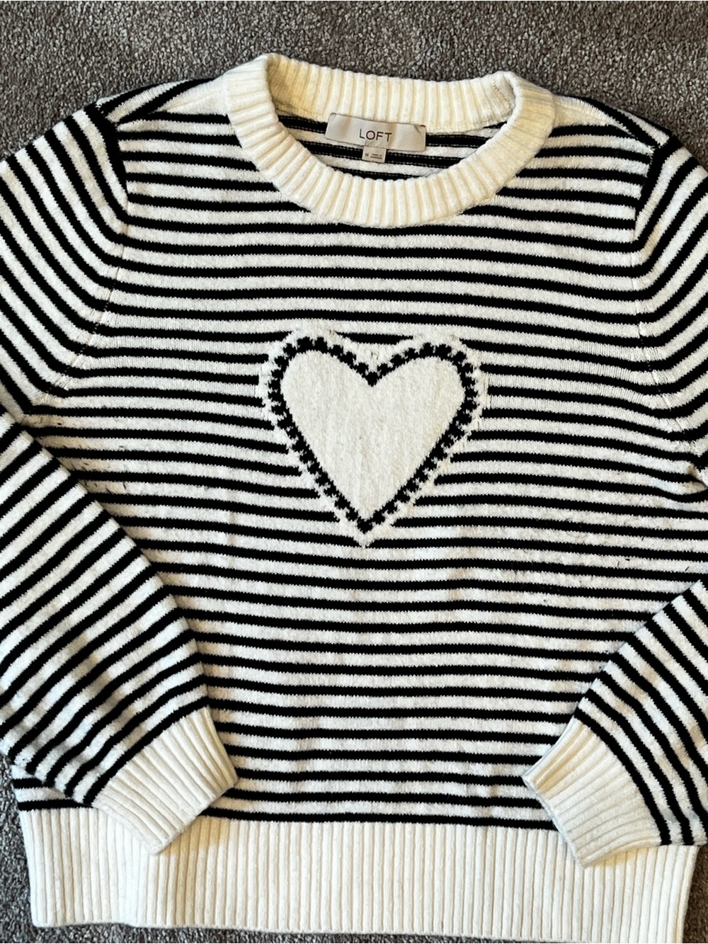 LOFT Black & White Striped Heart Crewneck Sweater - Size M